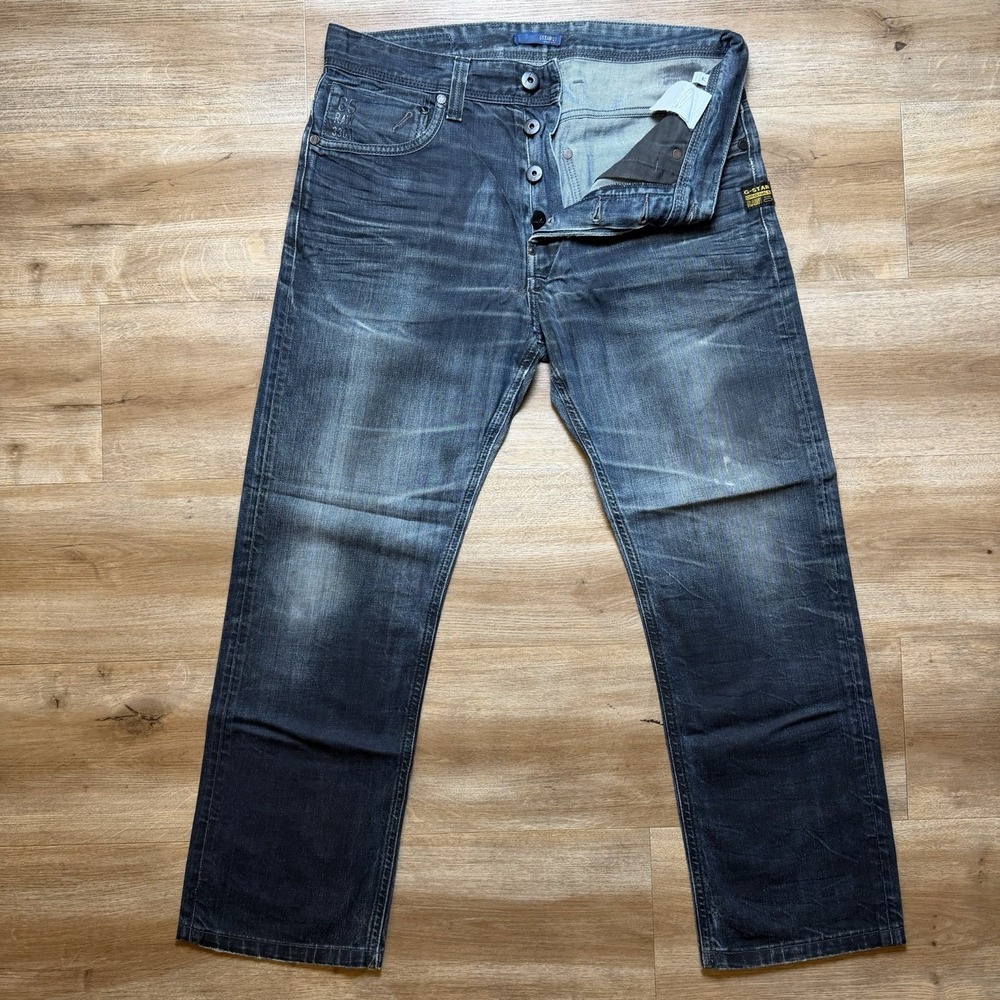 G-Star RAW Jeans Men 32x27 Blue Attacc Straight Dark Wash Faded Denim Grunge Y2K
